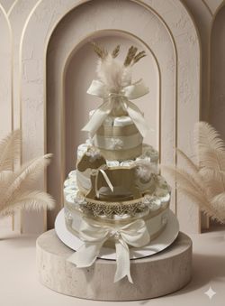 Luxury Neutral Diaper Cake with Gold Accents | Beige Baby Shower Centerpiece with Feathers | Elegant Gender Neutral Baby Gift
