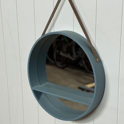 Wooden Round Hanging Wall mirror with shelf and Strap