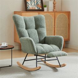 Modern Upholstered Rocking Chair With High Backrest, Footrest And Solid Wood Legs