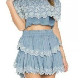 LoveShackFancy Ruffle Mini Skirt in Light Indigo Size XS