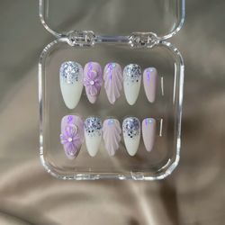 Lavender Glitter Press-On Nail Set – 3D Flower & Shell Design