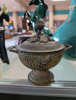 Vintage Cast Metal Lidded Urn Lion Head Handles Decorative Tabletop Centerpiece