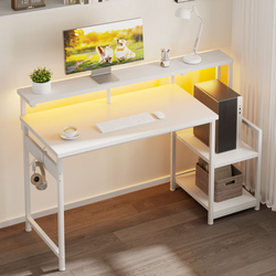 White Office Computer Gaming desk 48" drawer,Led light and adjustable shelf