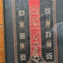Antique Chinese Embroidered Silk Dragon Panel – Framed (18” × 33”)