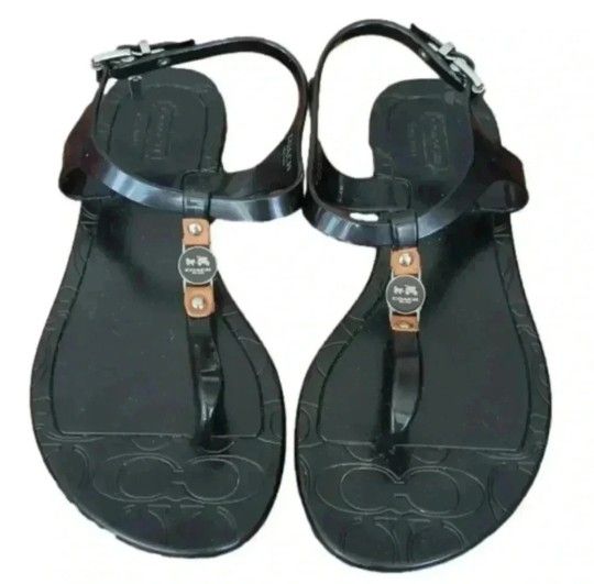 COACHÂ PICCADILLY Solid Black Jelly Thong Sandal T-Strap Adorned With Logo SIZE 6
