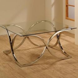 Modern Coffee Table with Glass Top and Curved Chrome Legs, Silver and Clear- Saltoro Sherpi