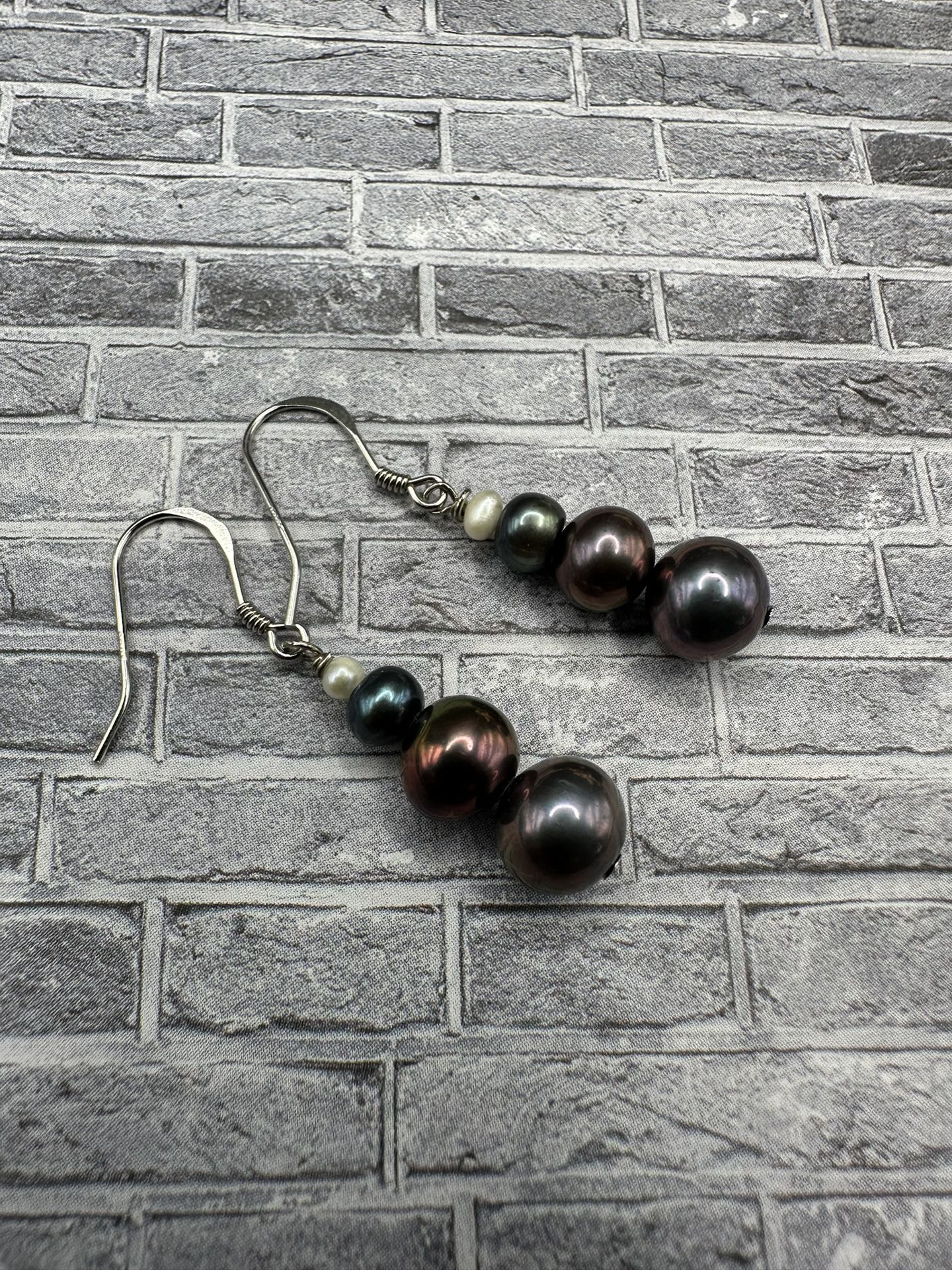 Long natural rare black pearl earrings 925 solid sterling silver 