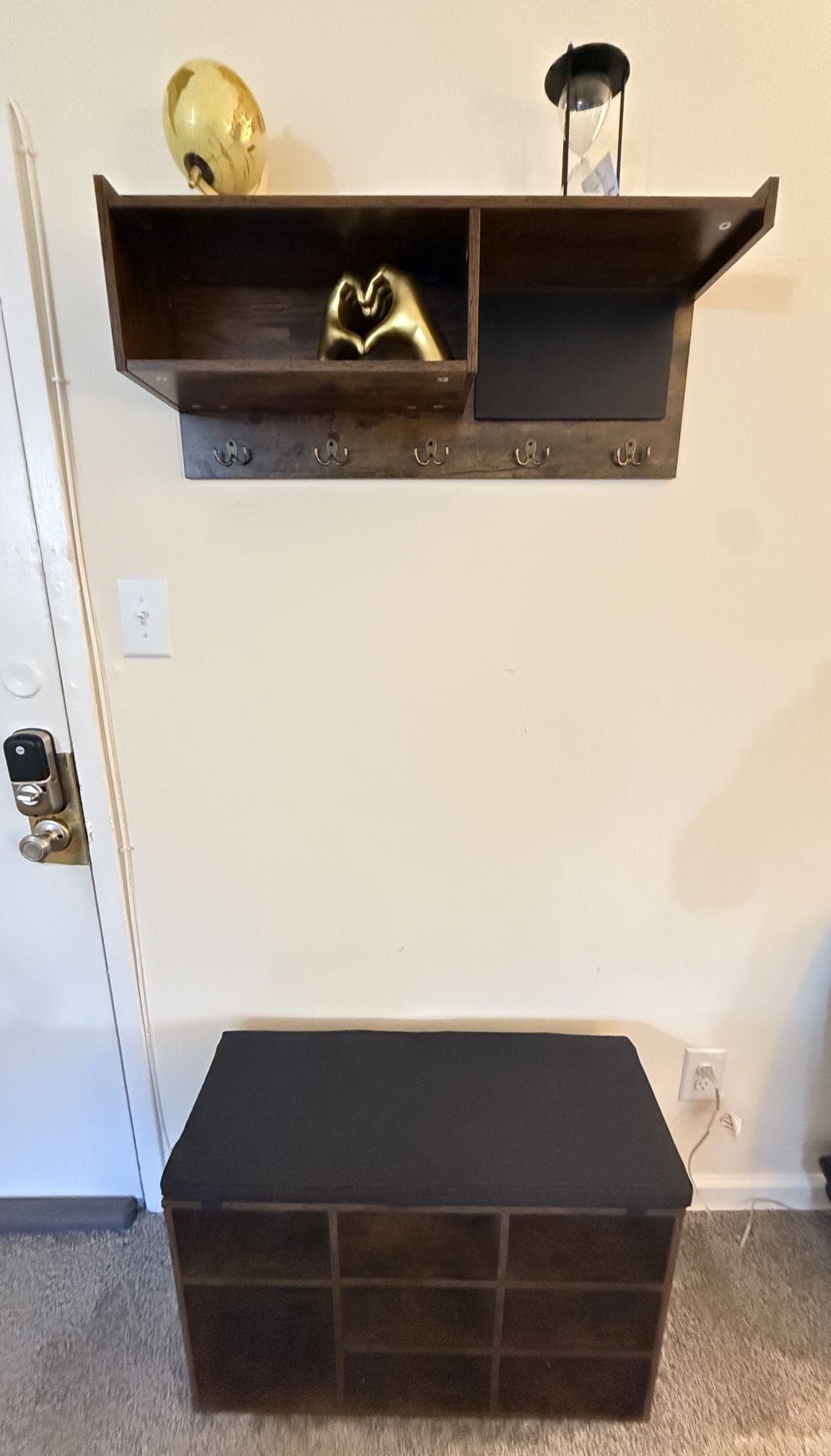 31.5" Hall Tree, Halltree Entryway with Storage Bench, 6 in 1 Coat/Shoe Rack with 5 Hooks, 9 Storage Cubbies with Bookshelf and Small Blackboard, for