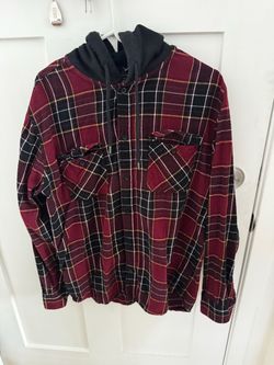 Hooded Plaid Flannel Button-Up Shirt