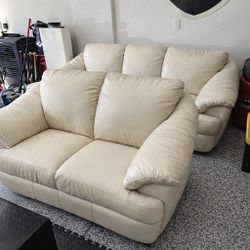 Cream Leather Sofa & Loveseat Set