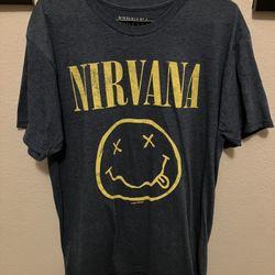 Mens NIRVANA T Shirt Size L Blue Nevermind Yellow Smiley Face Retro Band Tee