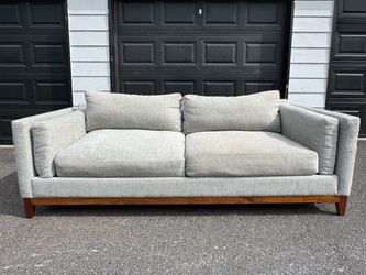 🔥Jonathan Louis Mid Century Modern Gray Woven Sofa | Walnut Base | Designer Couch