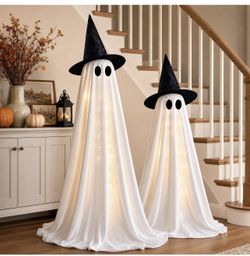 New-Halloween Decorations Indoor - 2 Pack Light Up Ghosts Easy to Assemble Adjustable Height Spooky Halloween Party Decorations for Porch Yard Mantel