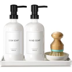 Kitchen Soap Dispenser Set, 16 Oz Hand and Dish Soap Dispenser with Ceramic Tray & Bamboo Dish Brush, 2 Pack White Glass Liquid Pump Bottle, Modern Fa