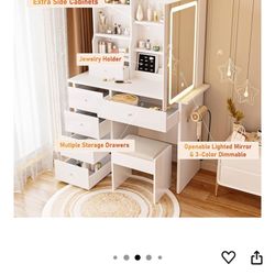 DYHOME Makeup Vanity Desk with LED Lights Mirror 3 Adjustable Modes and Power Outlets, Vanity Table with 6 Drawers Dresser and Bench, Makeup Desk for 