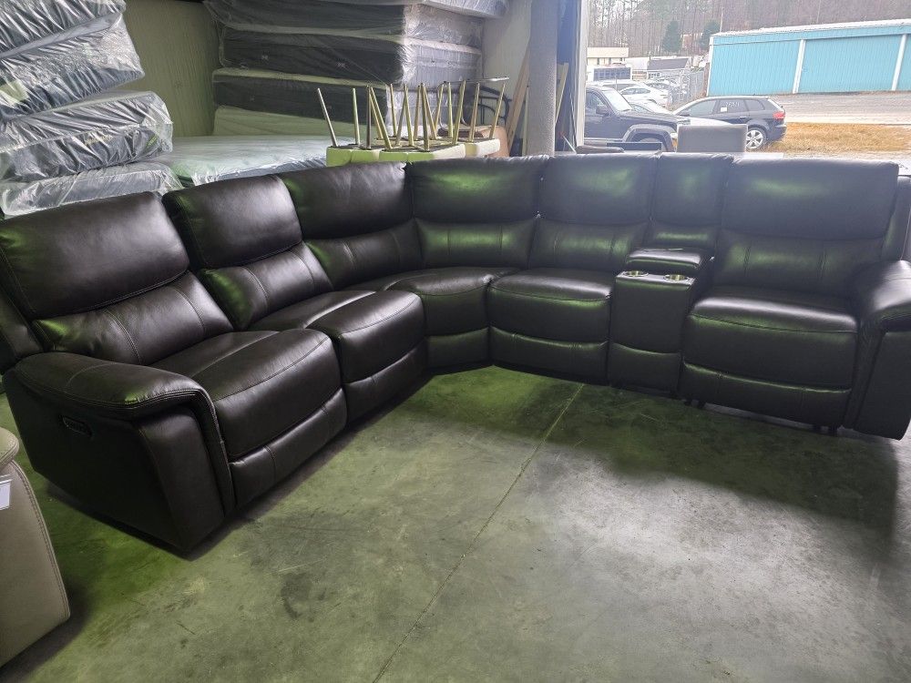 Brand New Lifestyle Top Grain Leather Dark Walnut Glove 6pc Dual Powered Reclining Sectional w USB/C