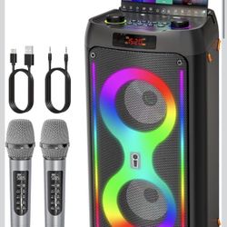 Karaoke Machine, Portable Outdoor Speaker with 2 Wireless Microphones, PA System with LED Lights