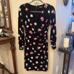 LAUREN RALPH LAUREN Women Black Multicolor Floral Surplice Jersey Dress Size 2
