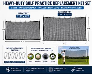 Golf Practice Impact & Backstop Net Set – Heavy Duty Replacement Nets – 11’ × 6’ & 12’ × 10’ – Includes Metal Clips