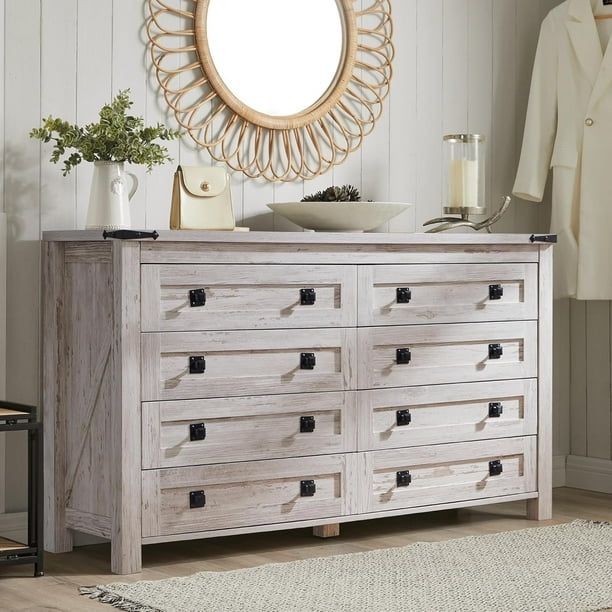  Farmhouse 8 Drawers Dresser Chests for Bedroom, Wood Rustic Tall Chest of Drawers, Antique Brush White