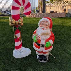 Set (2) VTG Blow Mold Holiday Decor " Santa Claus & Large  Candy Cane