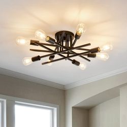 New ASGYISA Semi Flush Mount Modern Ceiling Light Fixture, 6 Lights Black Vintage Matte Sputnik Chandelier