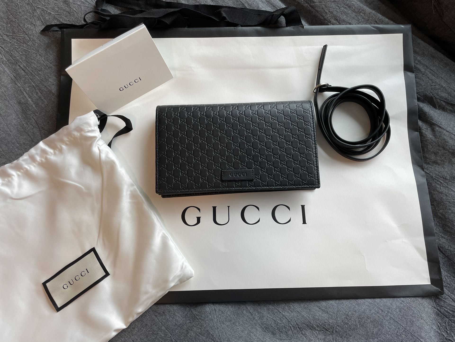 Gucci Clutch New Embossed Gg Logo Wallet Black Leather Cross Body Bag