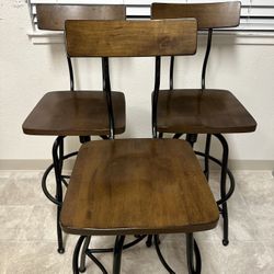 3 Woodsboro Adjustable Barstools , Brown - Threshold Metal Frame, Wood Seat, Home Bar Furniture