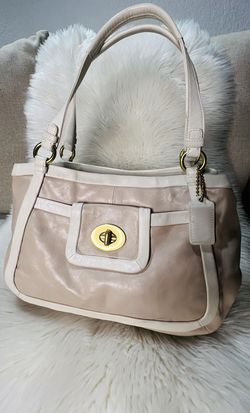 Coach Cricket Satchel Purse in putty and white leather,