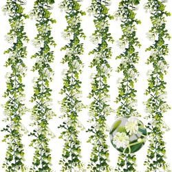 6FT Eucalyptus Garland with Flowers, 6 Pack Artificial Greenery Garland Hanging Faux Eucalyptus Garland Suitable for Table Wedding Backdrop Arch Wall 