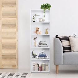 Wood Bookcase 5-Tier Open Shelf Tall Narrow Bookshelf Storage Organizer