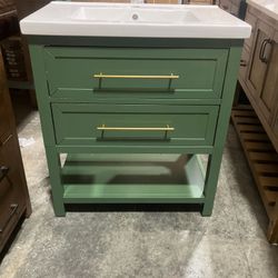 30" Solid Wood Bathroom Vanity Cabinet with Ceramic Sink (Damaged))