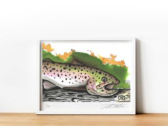 Rainbow trout fishing watercolor painting print