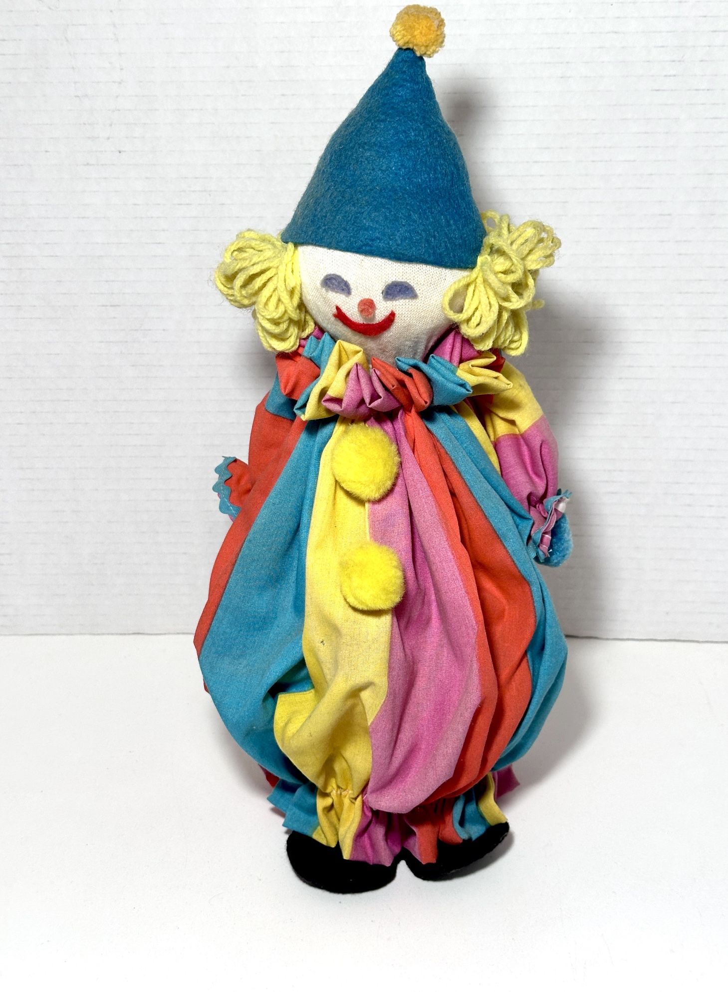 Vintage Handcrafted Colorful Fabric, Yarn & Burlap Clown Doll