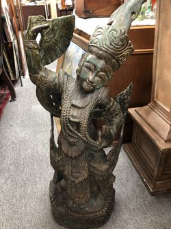 Siam Large Hand Carved Wooden Statue 27 In 