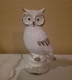 Large White Distressed Ceramic Owl Decor