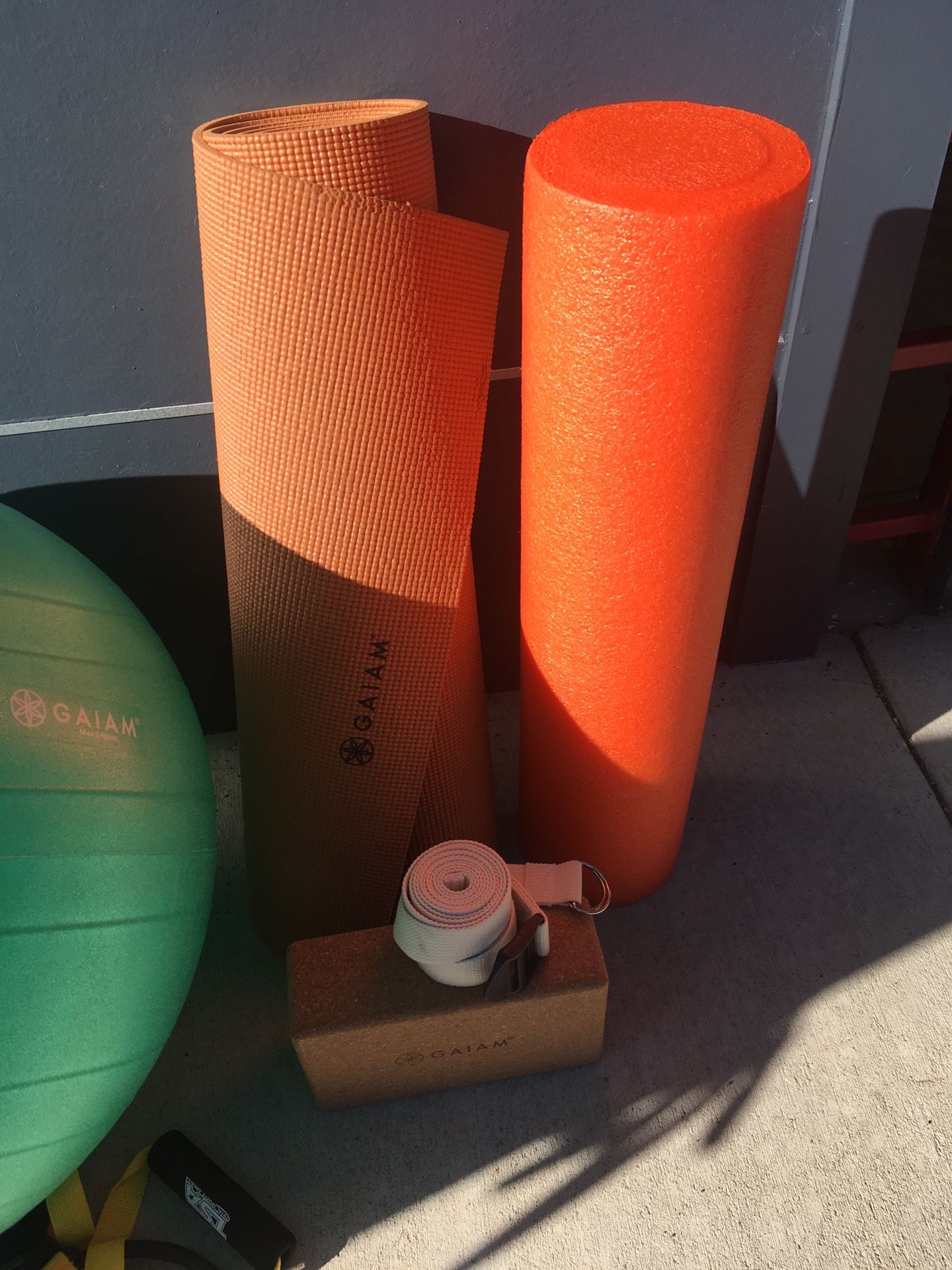 Yoga mat, block, straps and ball plus roller