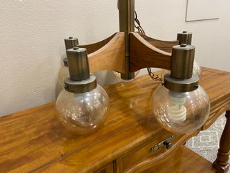 Vintage 70’s Wooden Chandelier with Amber Smoked Globe Lights