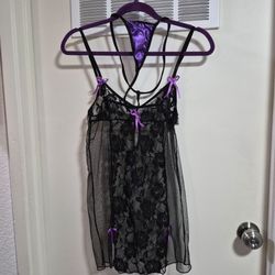 Black Lace Babydoll Lingerie Black with Purple Bows