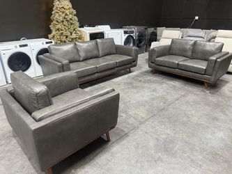 3 Piece Dark Grey Top Grain Leather Couch Ser