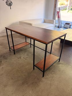Solid Wood and Black Steel Desk with Storage Shelves