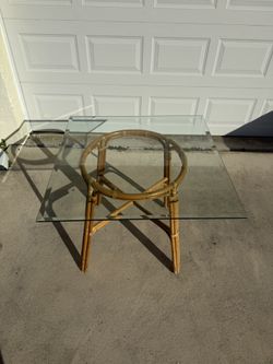 Glass Dining Table Square Bamboo Rattan Style Base Natural