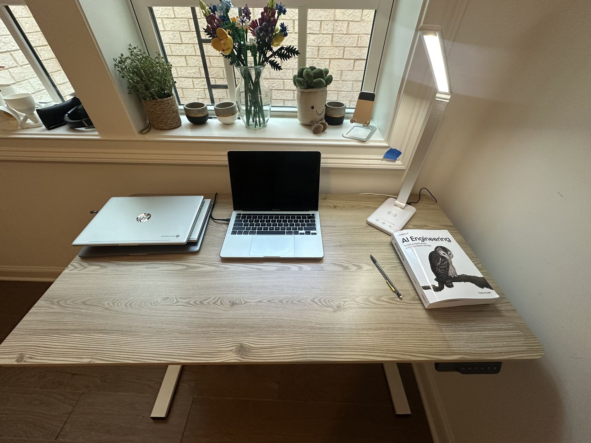 FLEXISPOT Standing Desk Electric 48 x 24 Inches (White Frame + 48" Grey Wood Grain)
