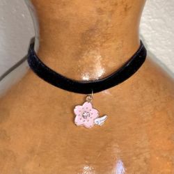 Kawaii Pink Flower Charm Black Velvet Choker