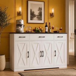55.1'' White Sideboard with 3 Drawers, Adjustable Shelves.