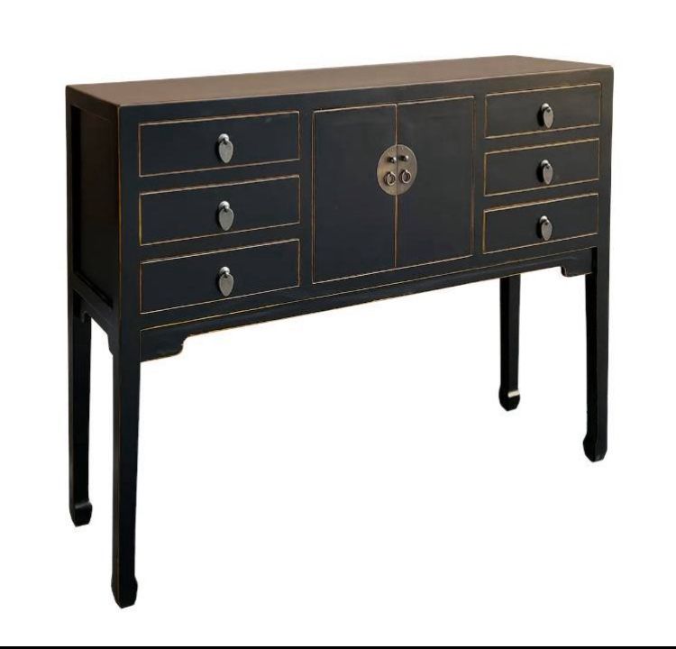 Black Asian moon face, narrow console entry table
