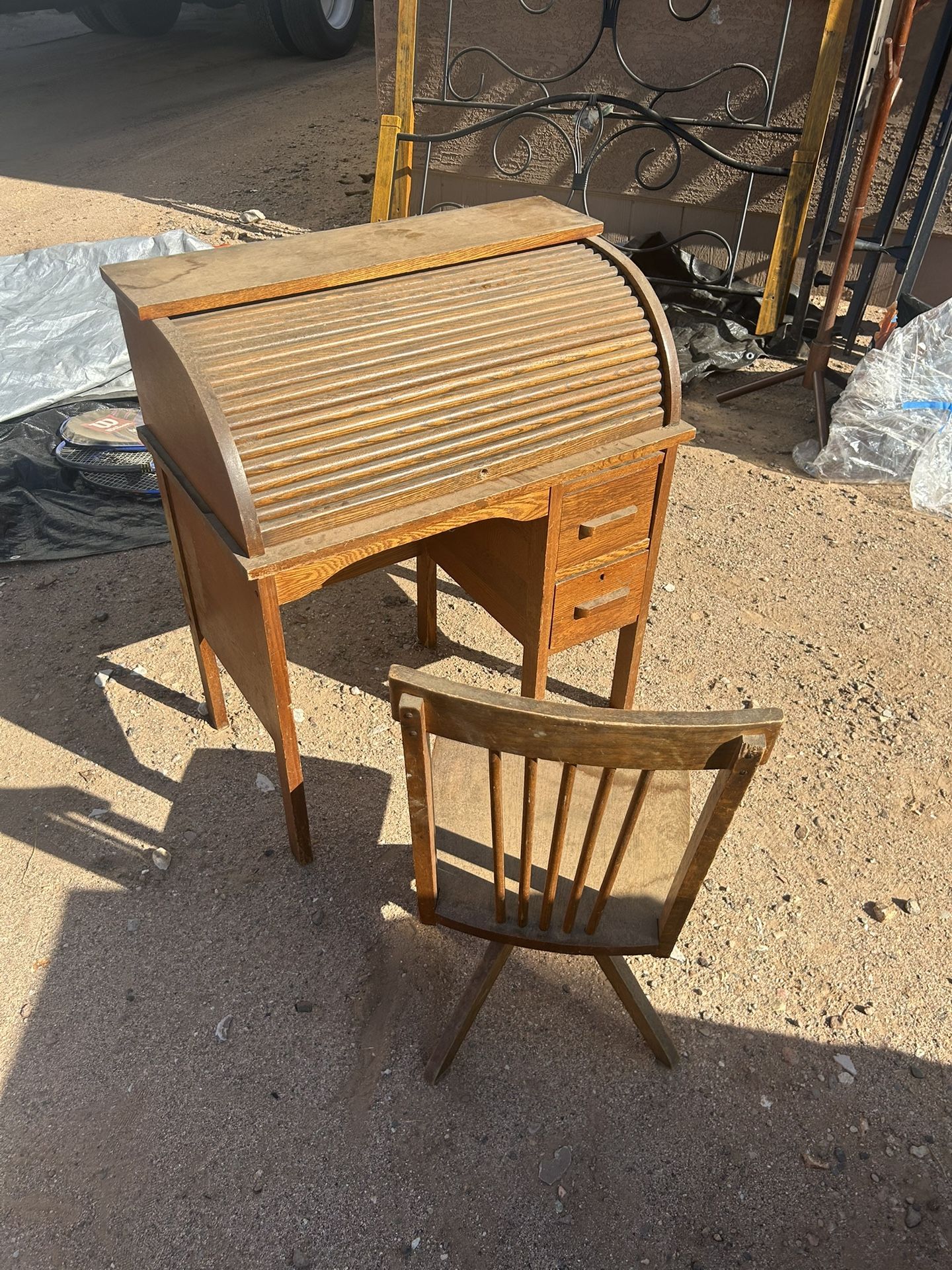 Solid Wood Antique Desk & Chair Set