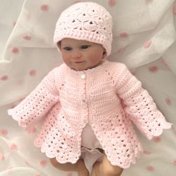 Handmade Crochet Pink Cardigan And Hat Set