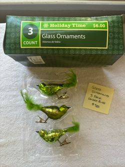 3 Pack Of Green Glass Bird Ornaments 