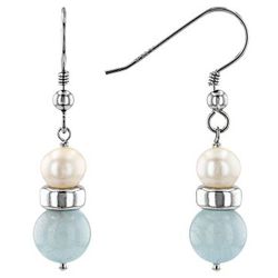 White Cultured Freshwater Pearl & Aquamarine Rhodium Over Sterling Silver Earrings

